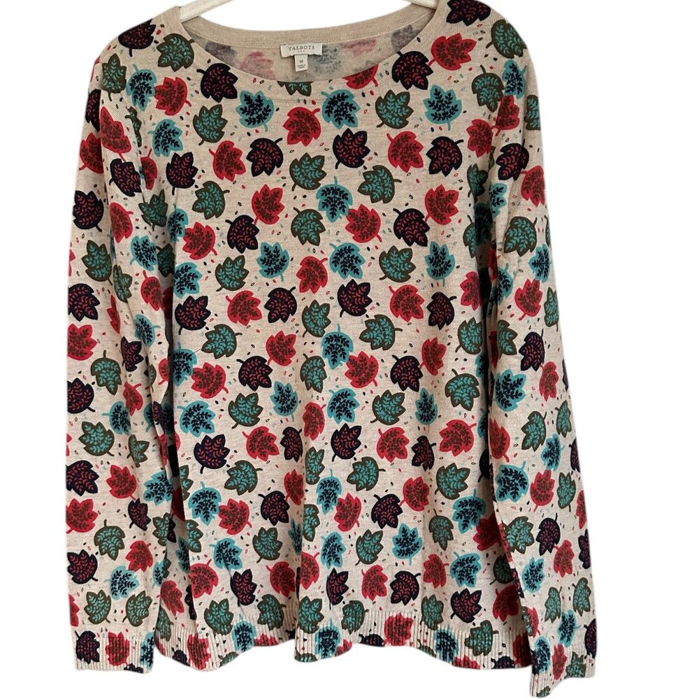 Talbots fall leaves blue red  green crew neck pull over Sz M